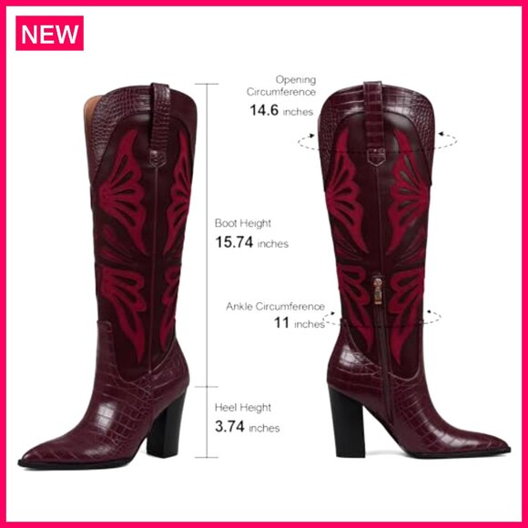 Knee High Western Boots Pointed Toe Chunky Heel Wide Calf Wedding - Picture 6 of 7